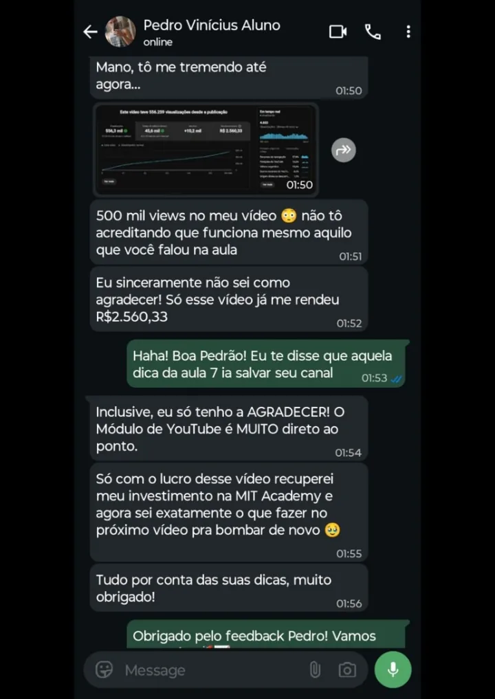 Depoimento WhatsApp, Felipe com 913k views e R$ 3.565 de receita
