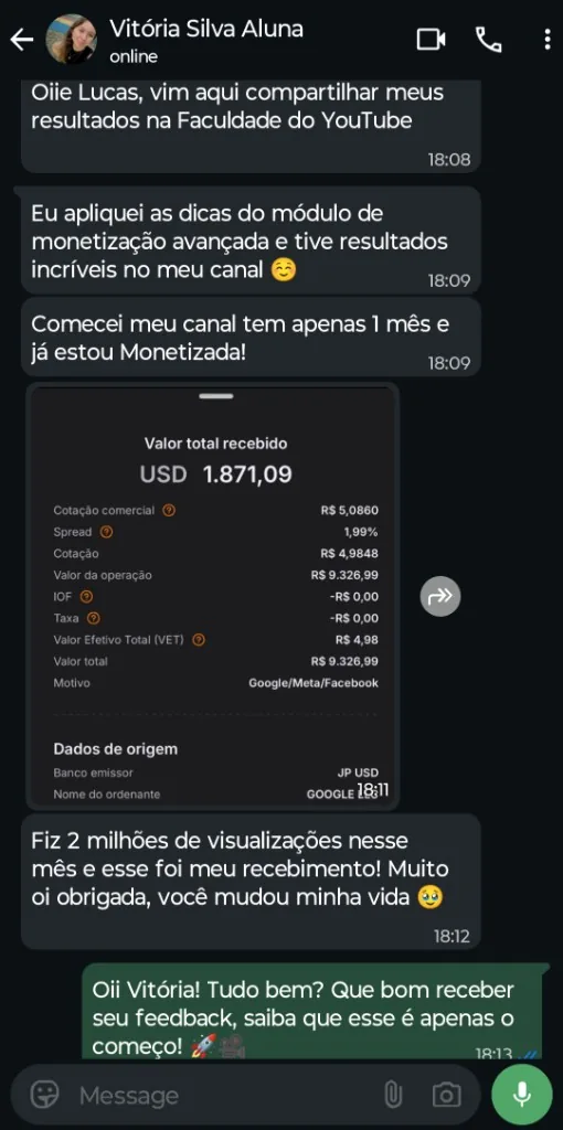 Depoimento WhatsApp, Vitória monetizou em 1 mês, recebimento Google USD 1.871,09
