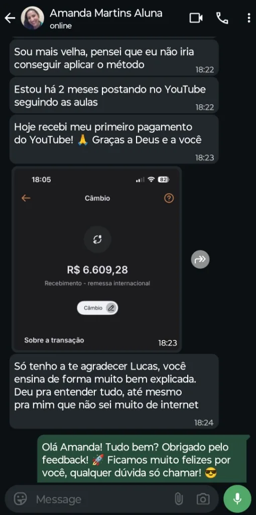 Depoimento WhatsApp, Amanda recebeu primeiro pagamento do YouTube, R$ 6.609,28