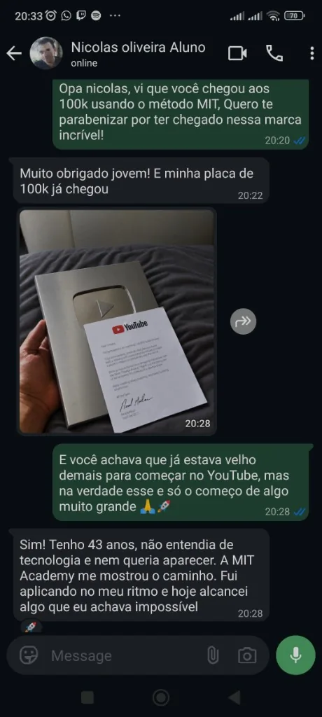 Depoimento WhatsApp, Nicolas chegou a 100k inscritos e recebeu a placa de prata